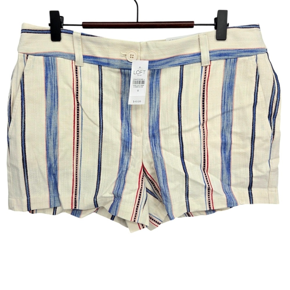 LOFT NWT Size 8 Cream Blue Red Striped 4" Cotton Shorts Coastal Preppy